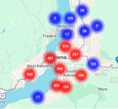 Map showing dense homeowner coverage for a pool services direct mail campaign