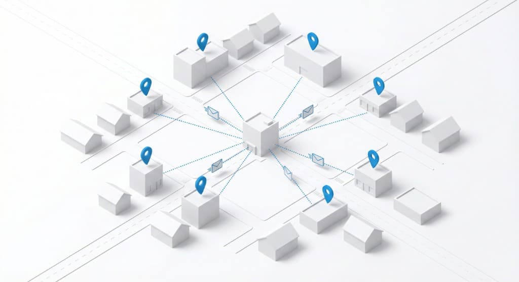 City grid with location pins showing postcard marketing coverage area