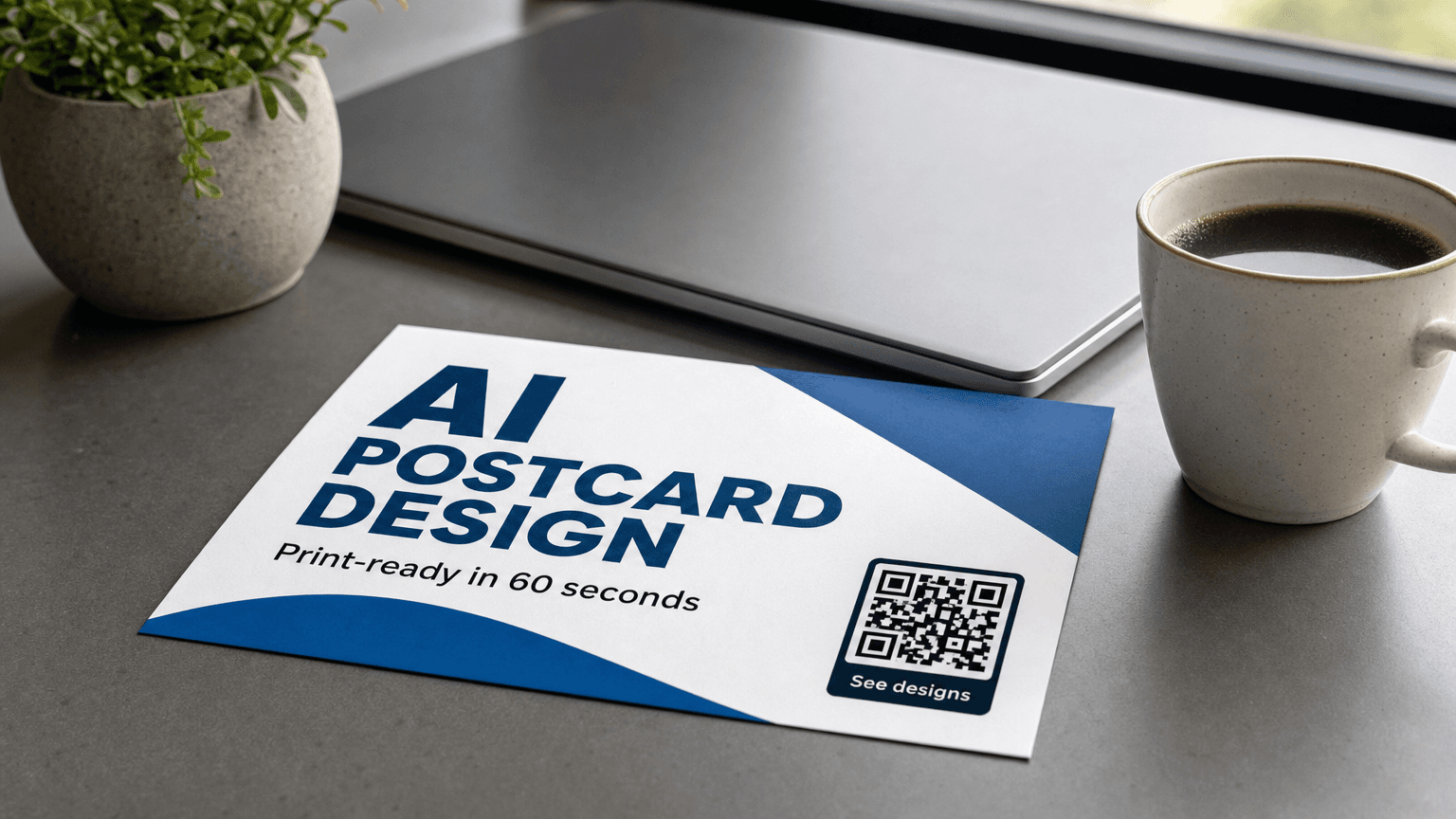 A postcard reading 'AI Postcard Design' on a desk, representing print-ready AI postcards.