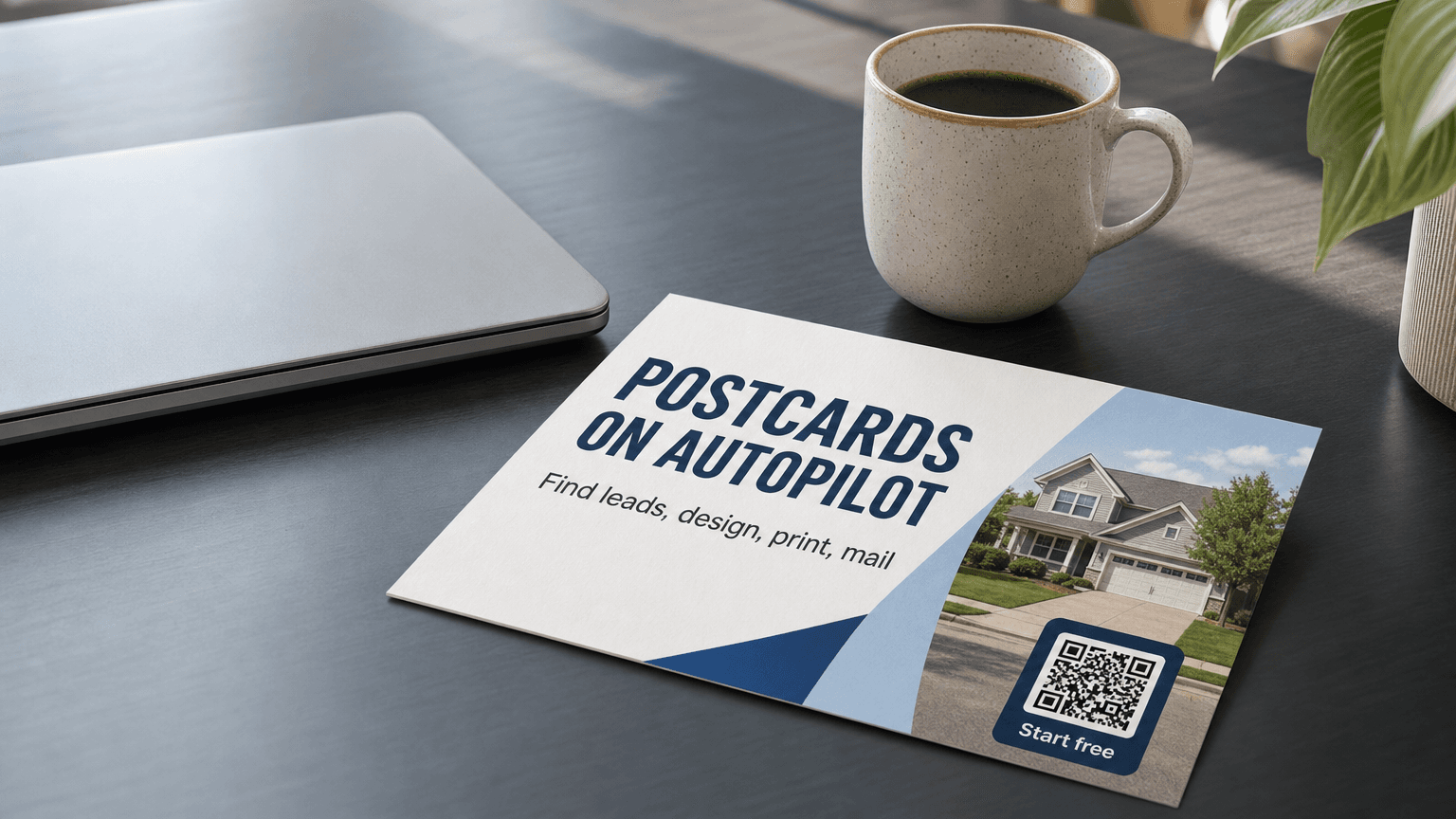 A postcard reading 'Postcards on Autopilot' on a desk, representing automated direct mail.