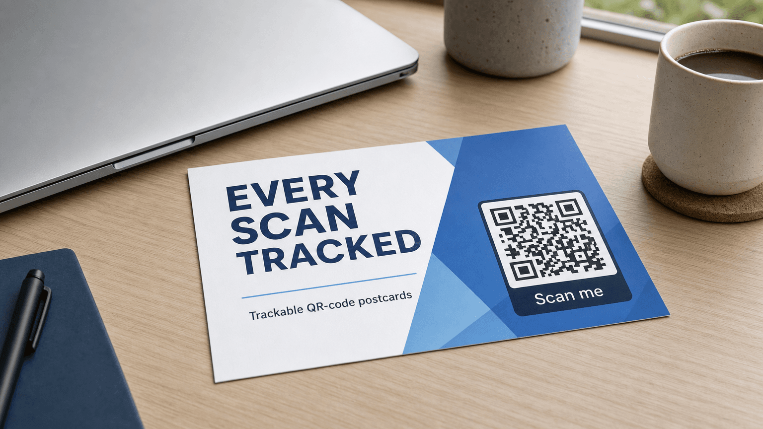 A postcard reading 'Every Scan Tracked' with a large QR code on a desk, representing trackable direct mail.