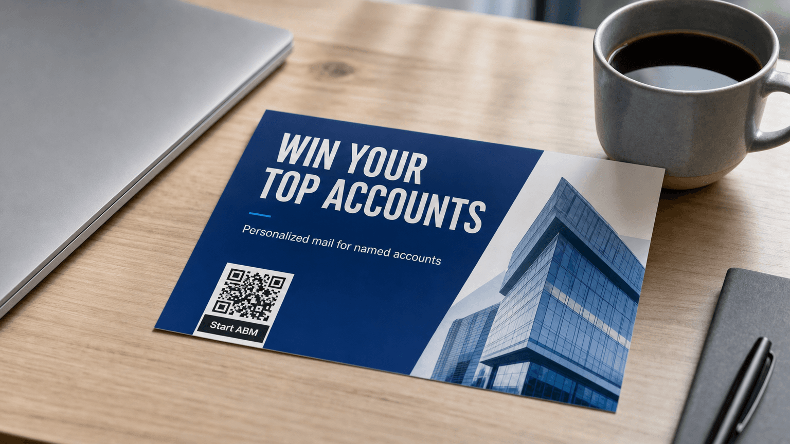 An ABM direct mail postcard reading 'Win Your Top Accounts' on a desk.