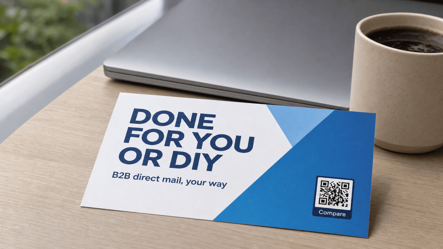 A B2B direct mail postcard reading 'Done For You or DIY' on a desk.