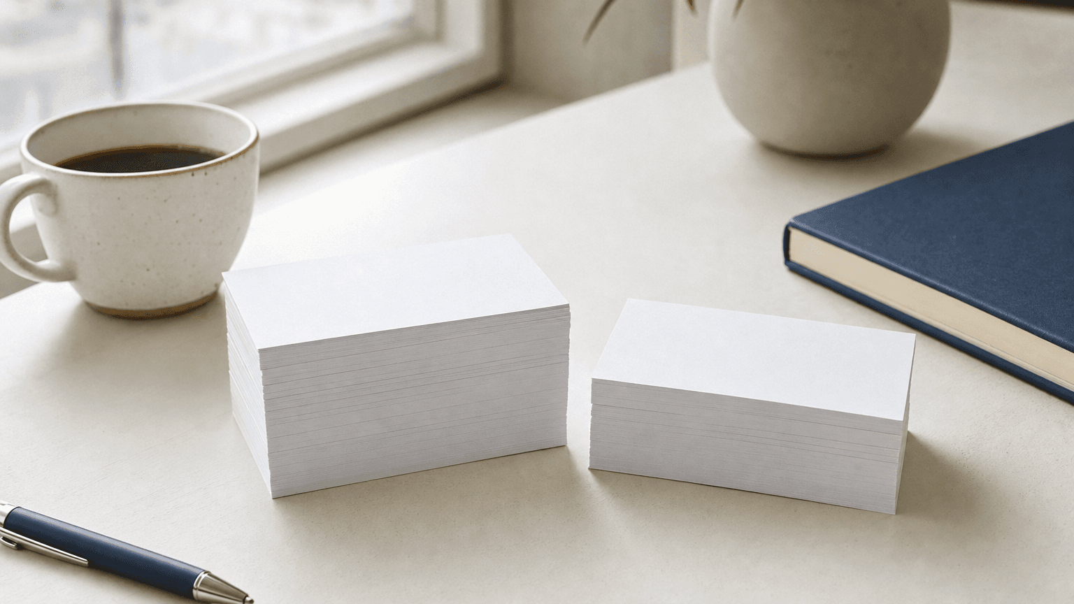 Two stacks of blank business postcards side by side on a desk with a coffee cup, comparing direct mail approaches.