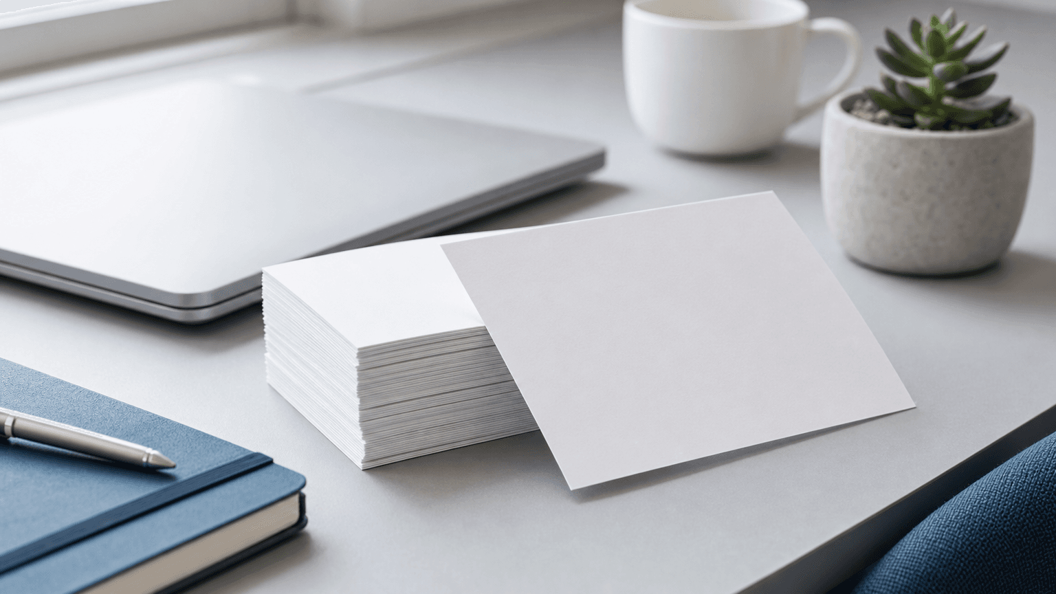 Stack of blank business postcards on a modern office desk with a laptop and coffee, ready for a B2B direct mail campaign.
