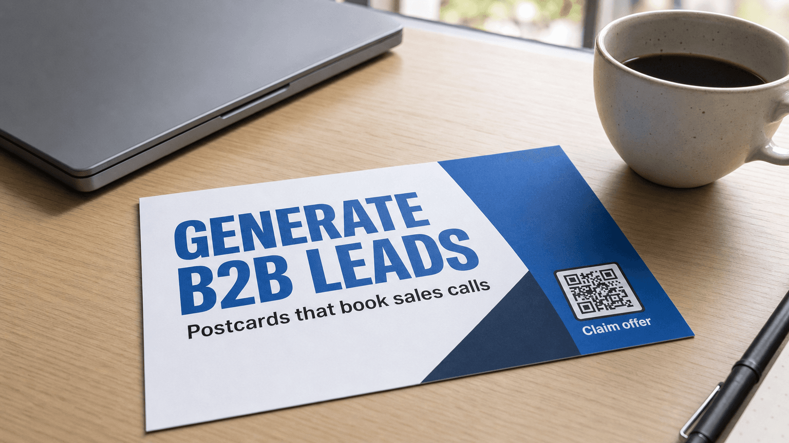 A B2B lead generation postcard reading 'Generate B2B Leads' on a desk.