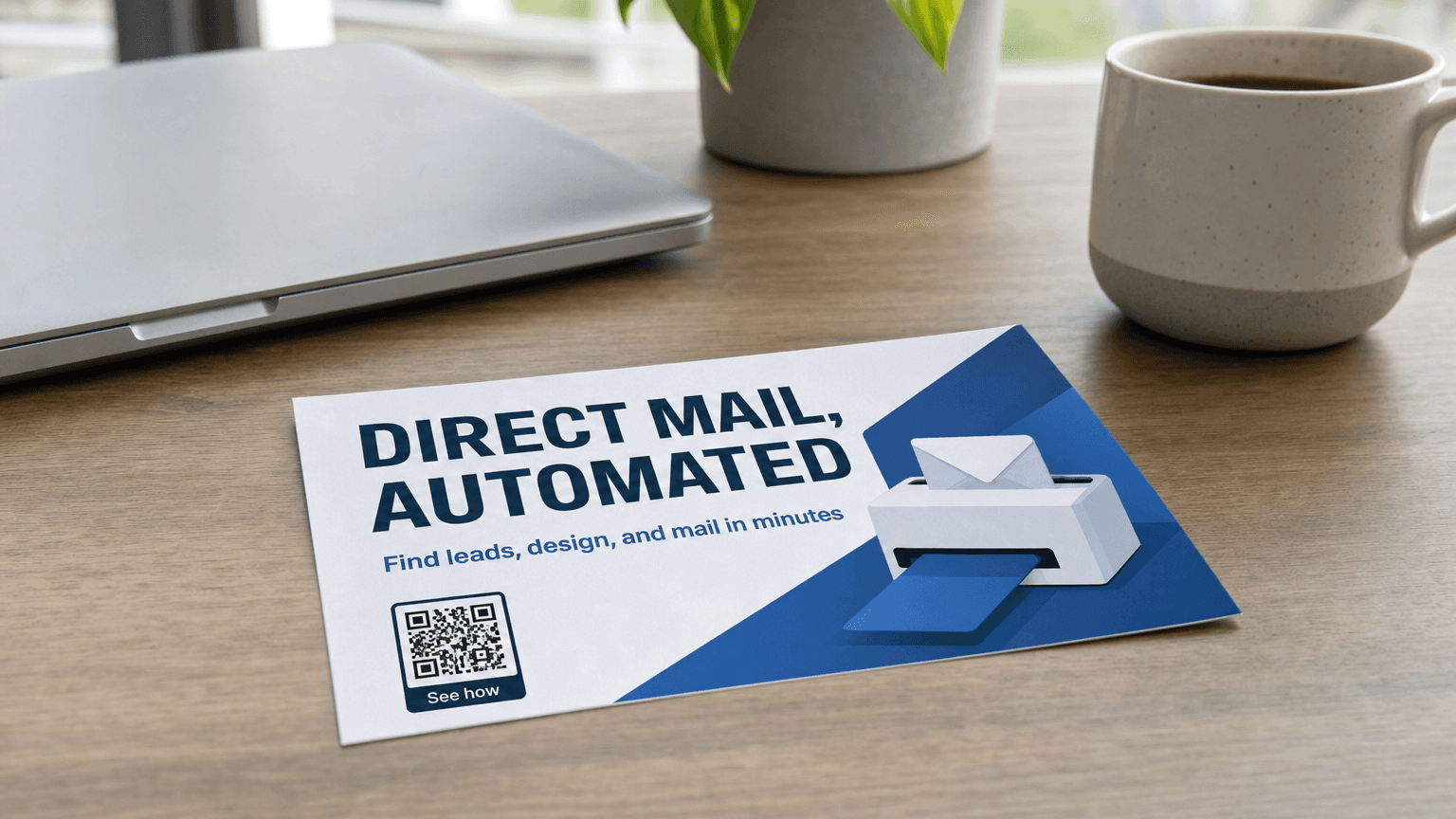A direct mail software postcard reading 'Direct Mail, Automated' on a desk.