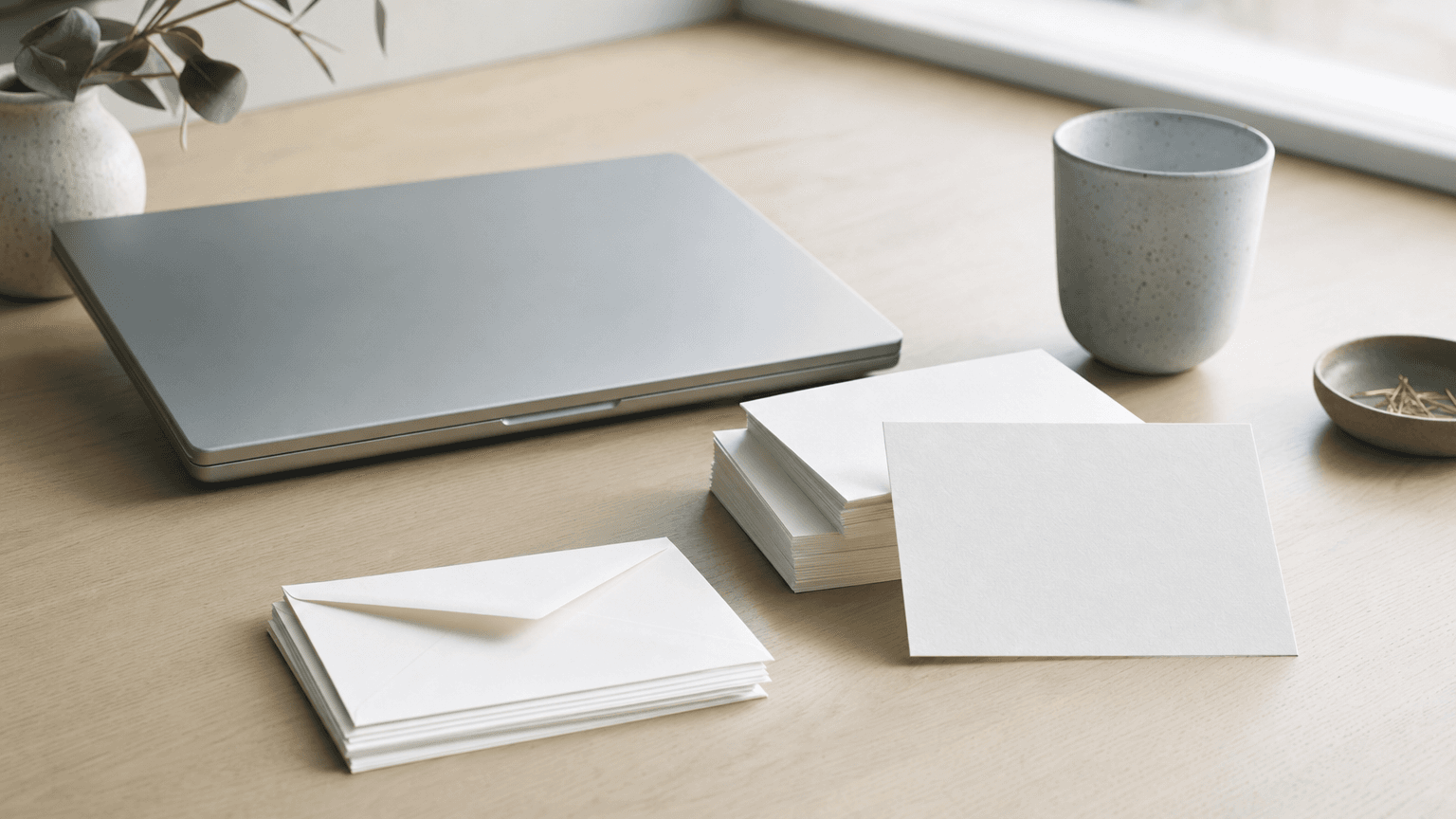 A closed laptop beside a stack of blank postcards and a mailing envelope on a desk, representing B2B direct mail software.