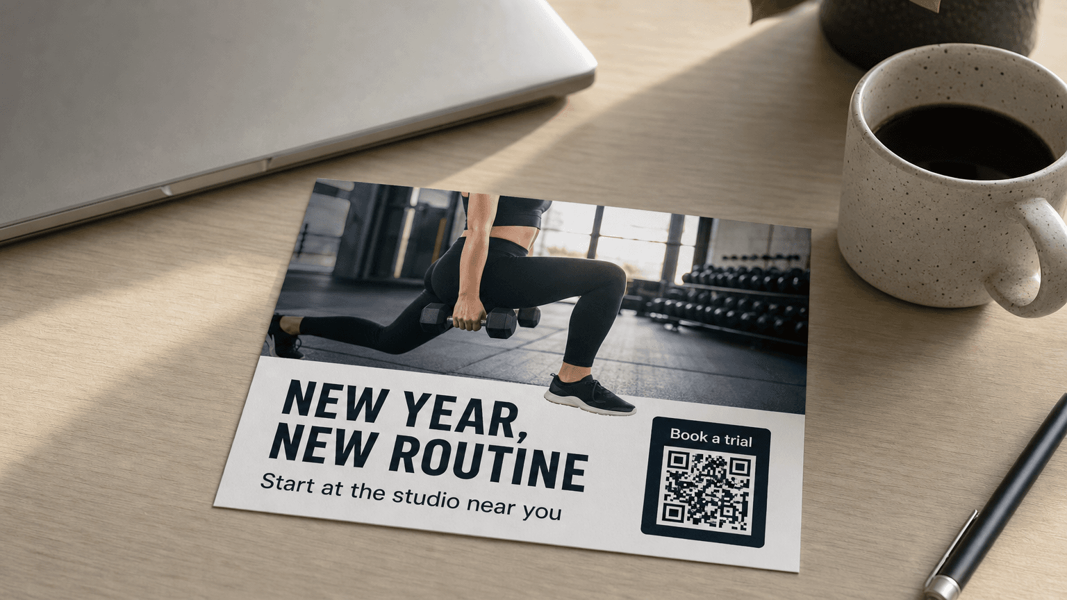 A gym postcard reading 'New Year, New Routine' with a photo of someone training, on a desk.