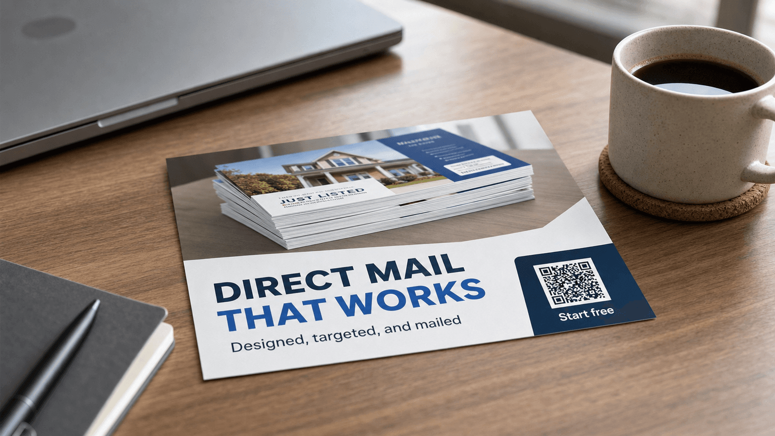 A direct mail postcard reading 'Direct Mail That Works' with a stack of postcards, on a desk.
