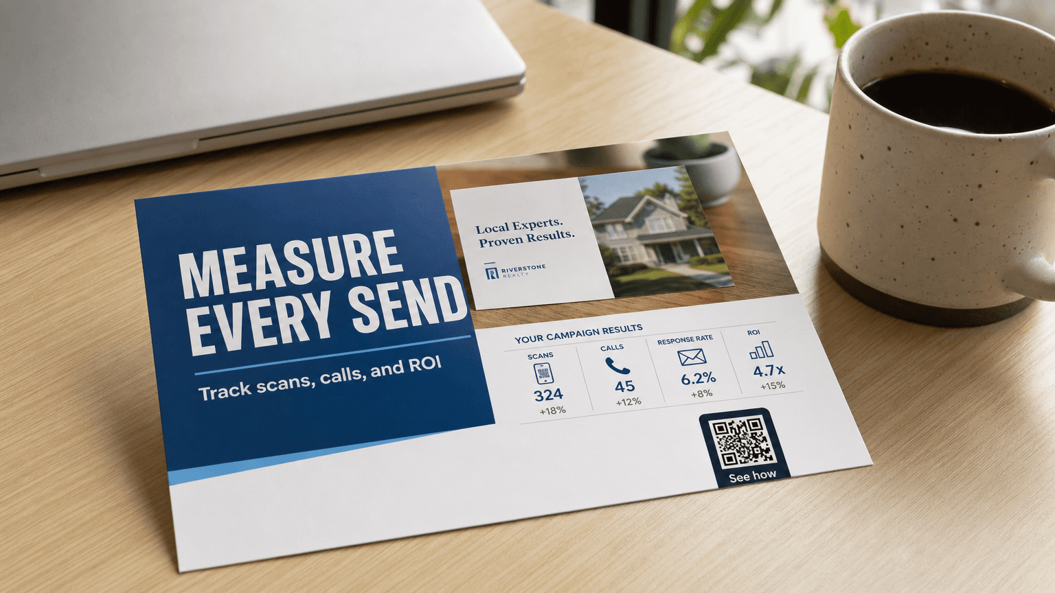 A direct mail postcard reading 'Measure Every Send' with a results chart, on a desk.