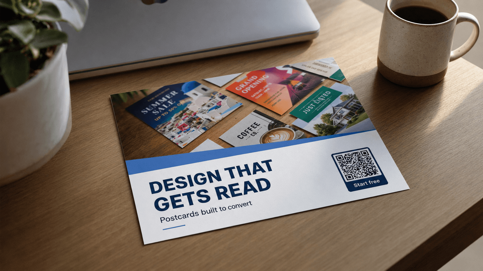 A direct mail postcard reading 'Design That Gets Read' with a colourful postcard, on a desk.