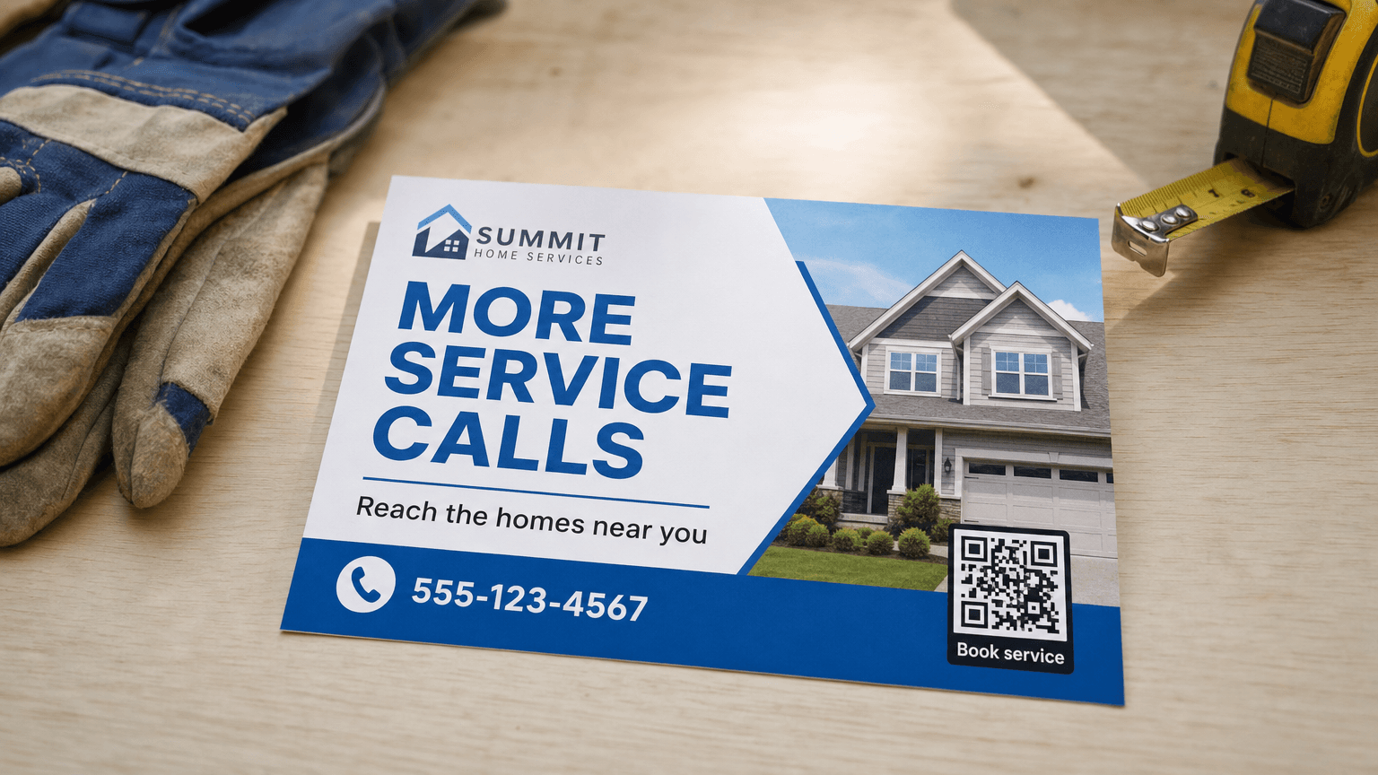 A home services postcard reading 'More Service Calls' on a workbench.