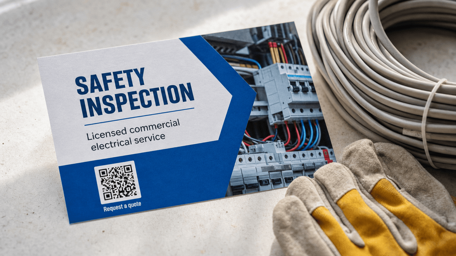 An electrician postcard reading 'Safety Inspection' beside coiled wire.