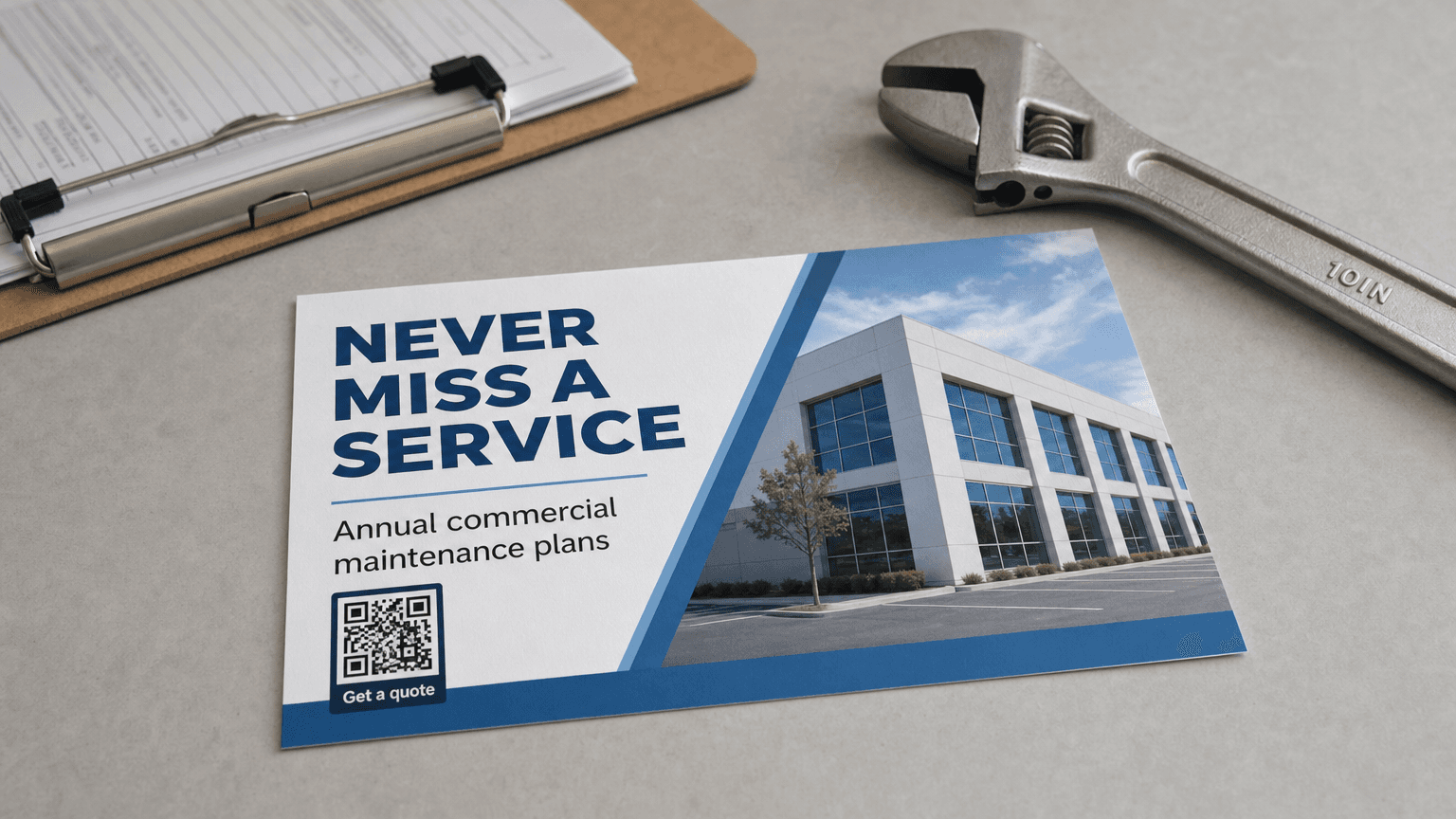 A maintenance plan postcard reading 'Never Miss a Service' beside a wrench.