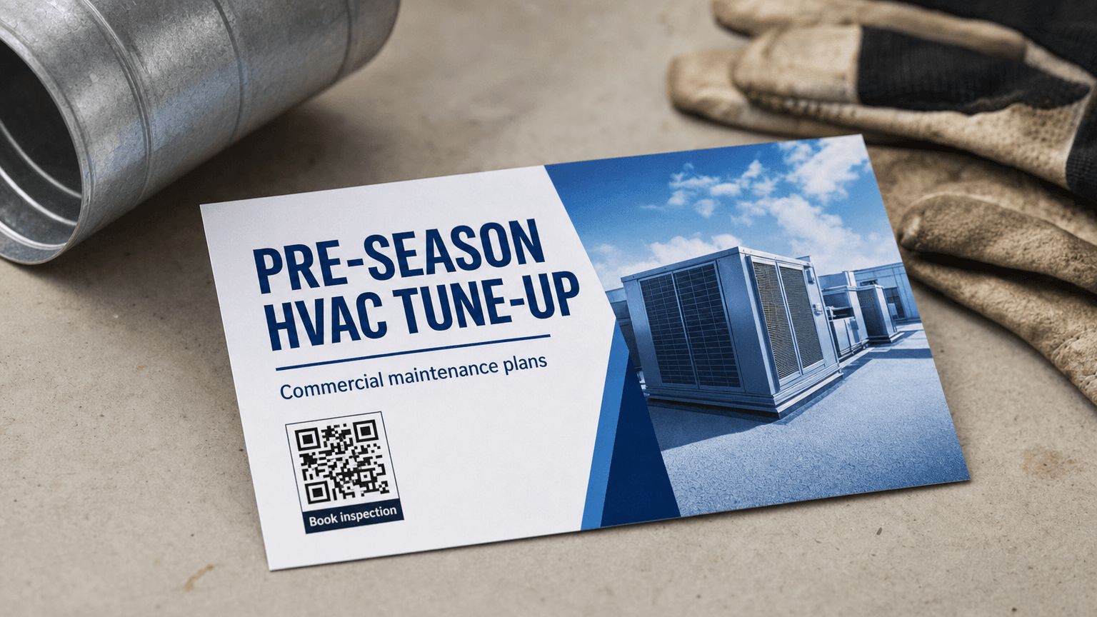 An HVAC postcard reading 'Pre-Season HVAC Tune-Up' beside a duct fitting.
