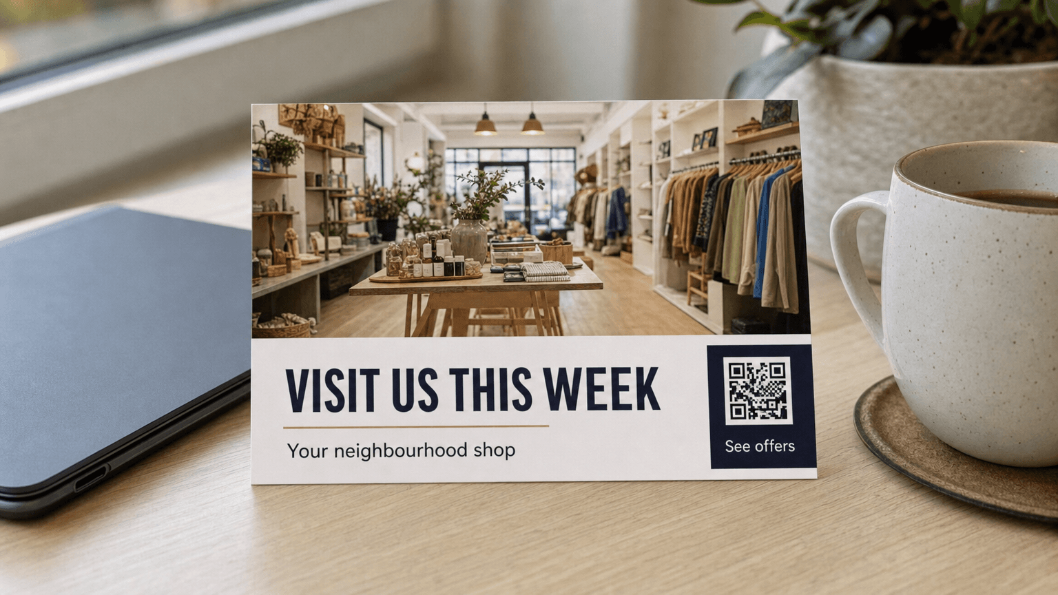 A retail postcard reading 'Visit Us This Week' with a boutique interior photo, on a desk.