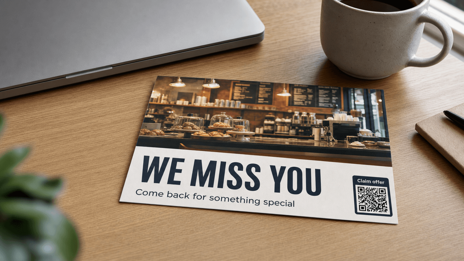 A local business postcard reading 'We Miss You' with a cafe counter photo, on a desk.