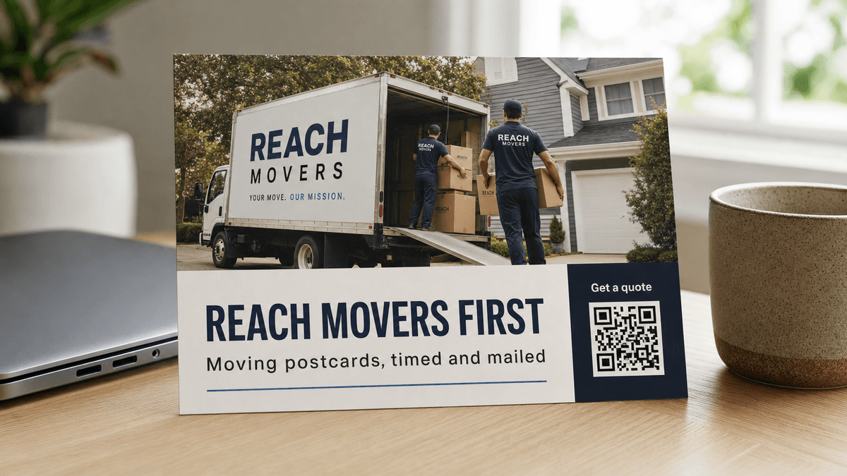 A moving company postcard with a moving truck photo