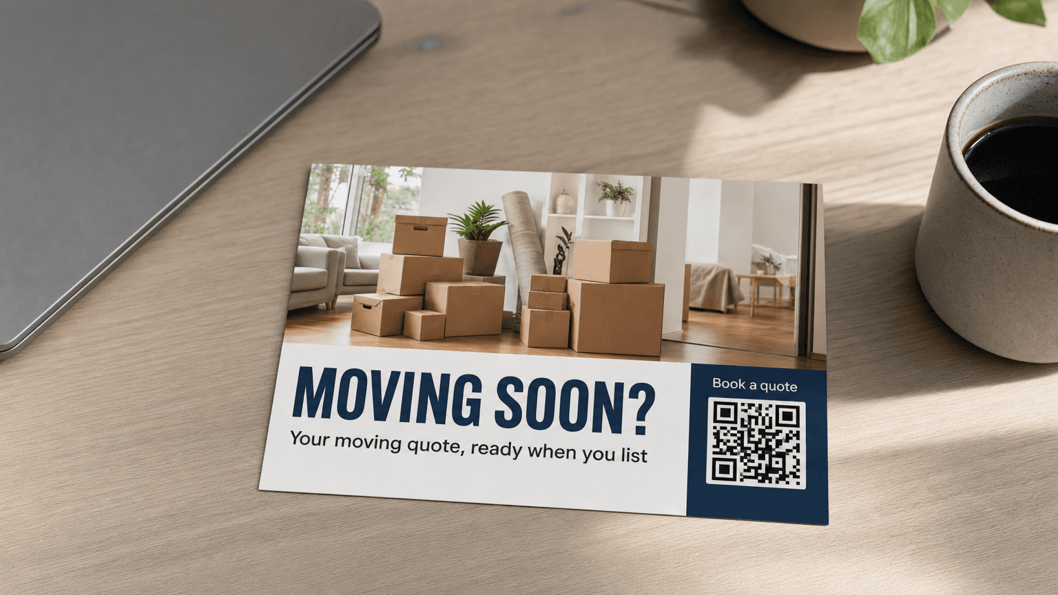A moving company postcard reading 'Moving Soon?' with stacked moving boxes, on a desk.