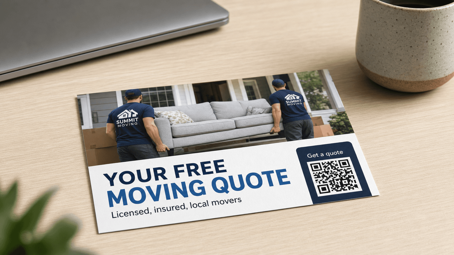 A moving company postcard reading 'Your Free Moving Quote' with movers carrying a sofa, on a desk.