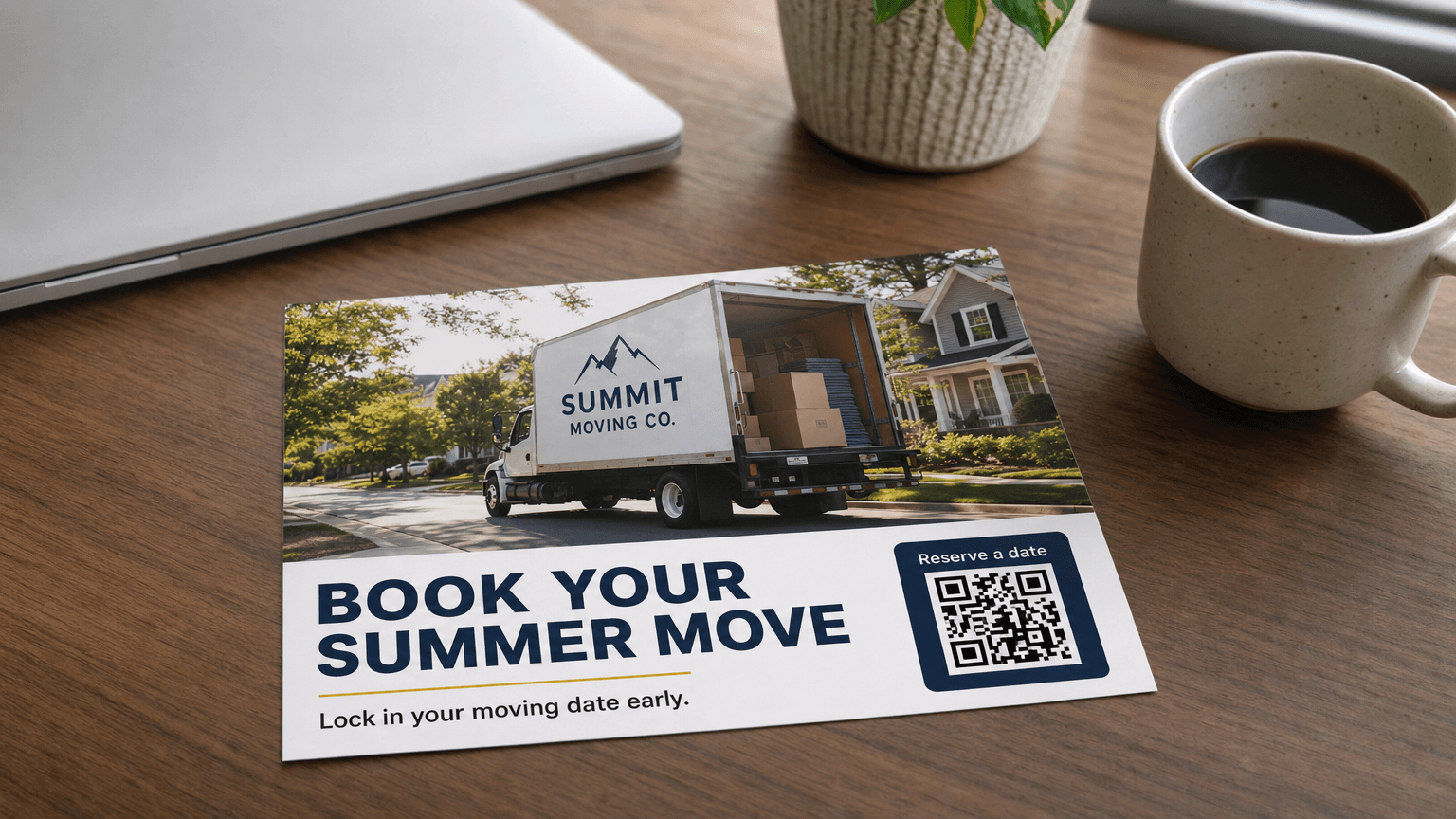 A moving company postcard reading 'Book Your Summer Move' with a moving truck on a sunny street, on a desk.