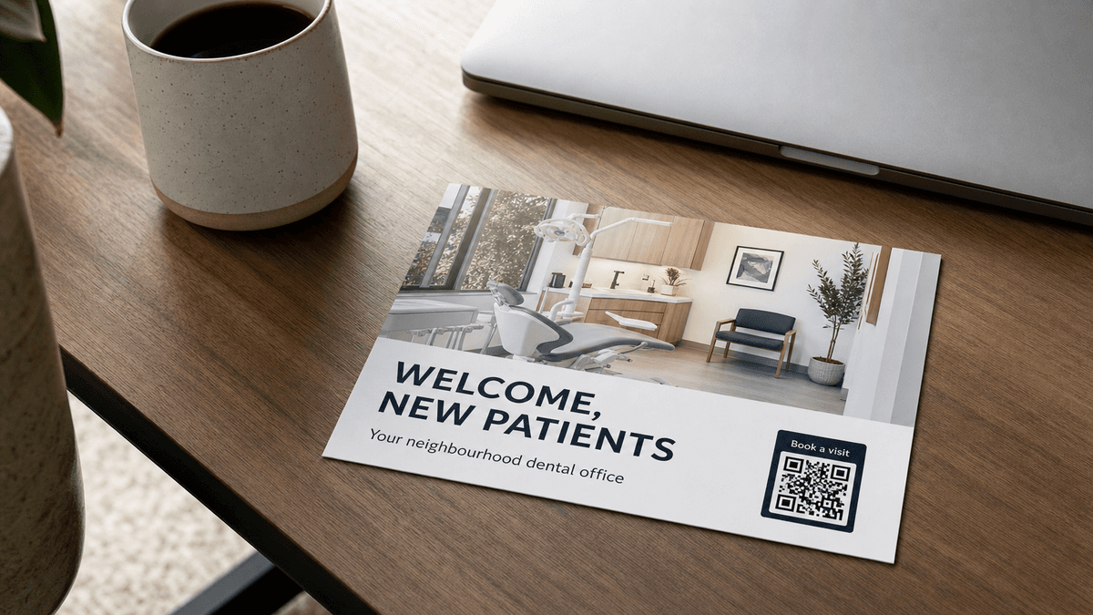 A dental postcard with a modern dental office photo