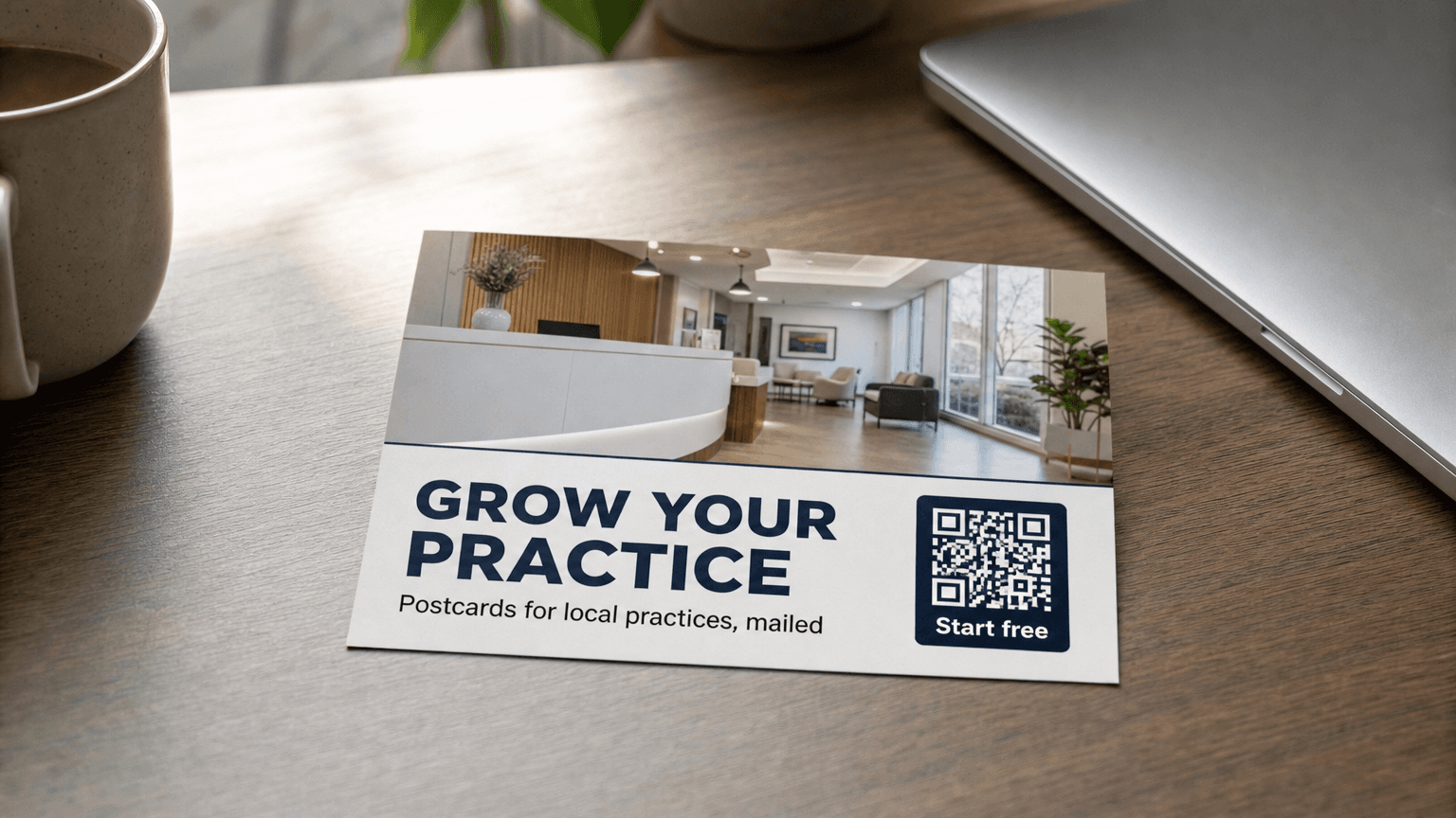 A professional services postcard reading 'Grow Your Practice' with an office photo, on a desk.