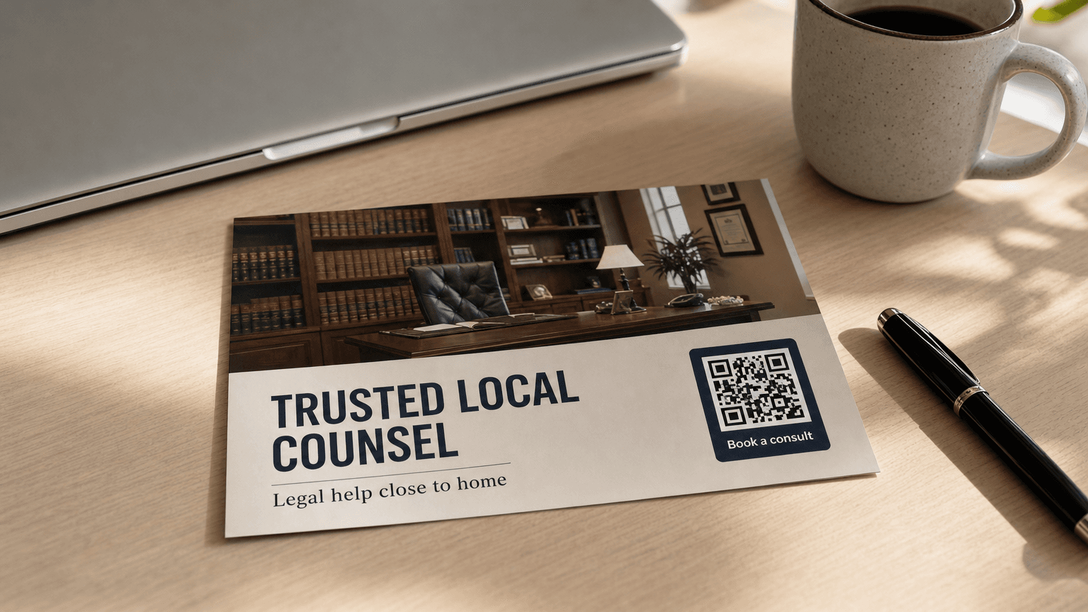 A law firm postcard reading 'Trusted Local Counsel' with a law office photo, on a desk.