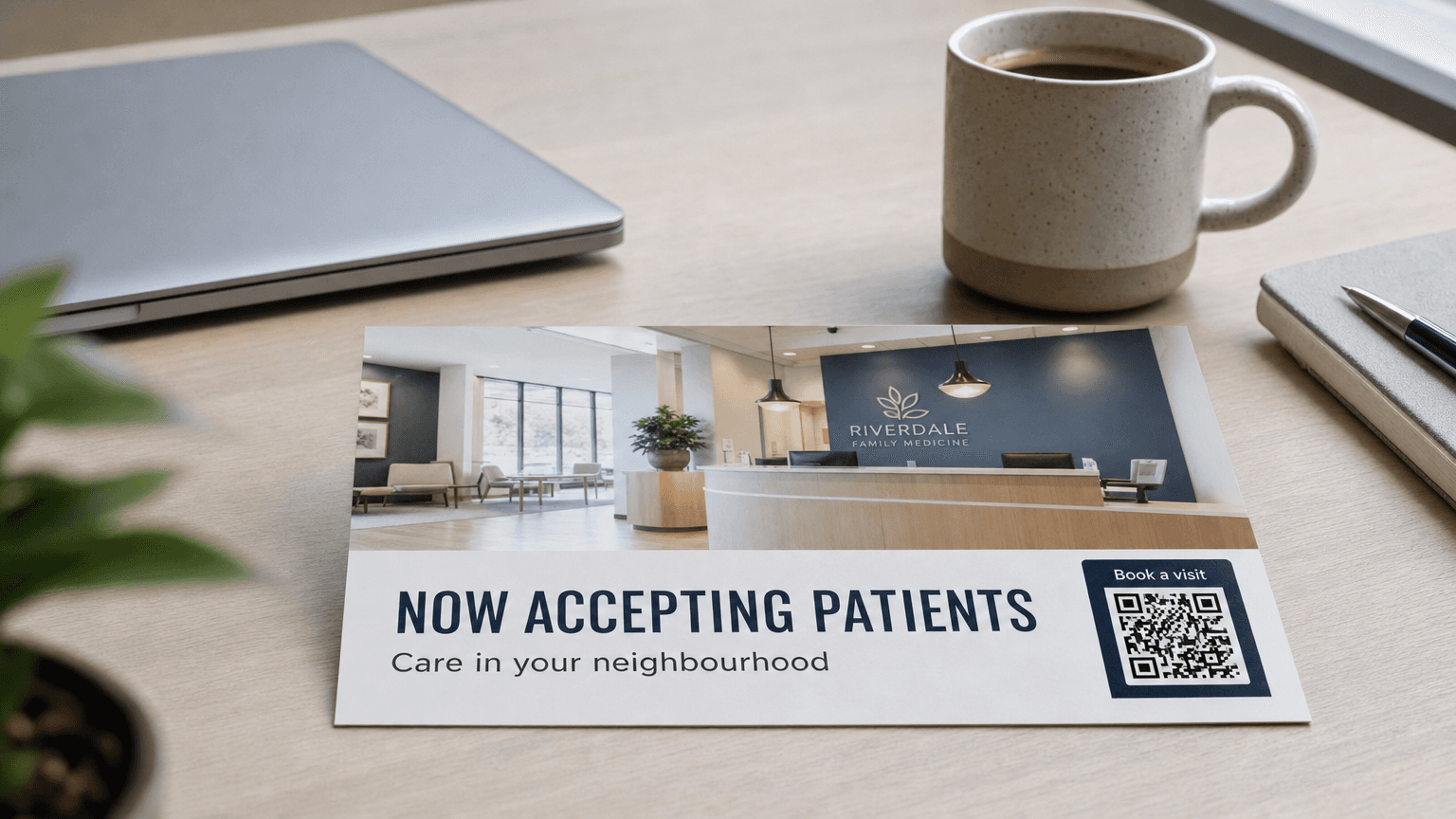 A medical practice postcard reading 'Now Accepting Patients' with a clinic reception photo, on a desk.