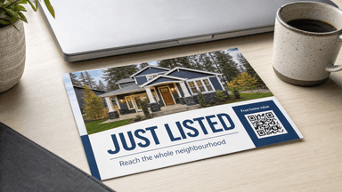 A Just Listed real estate postcard with a house photo