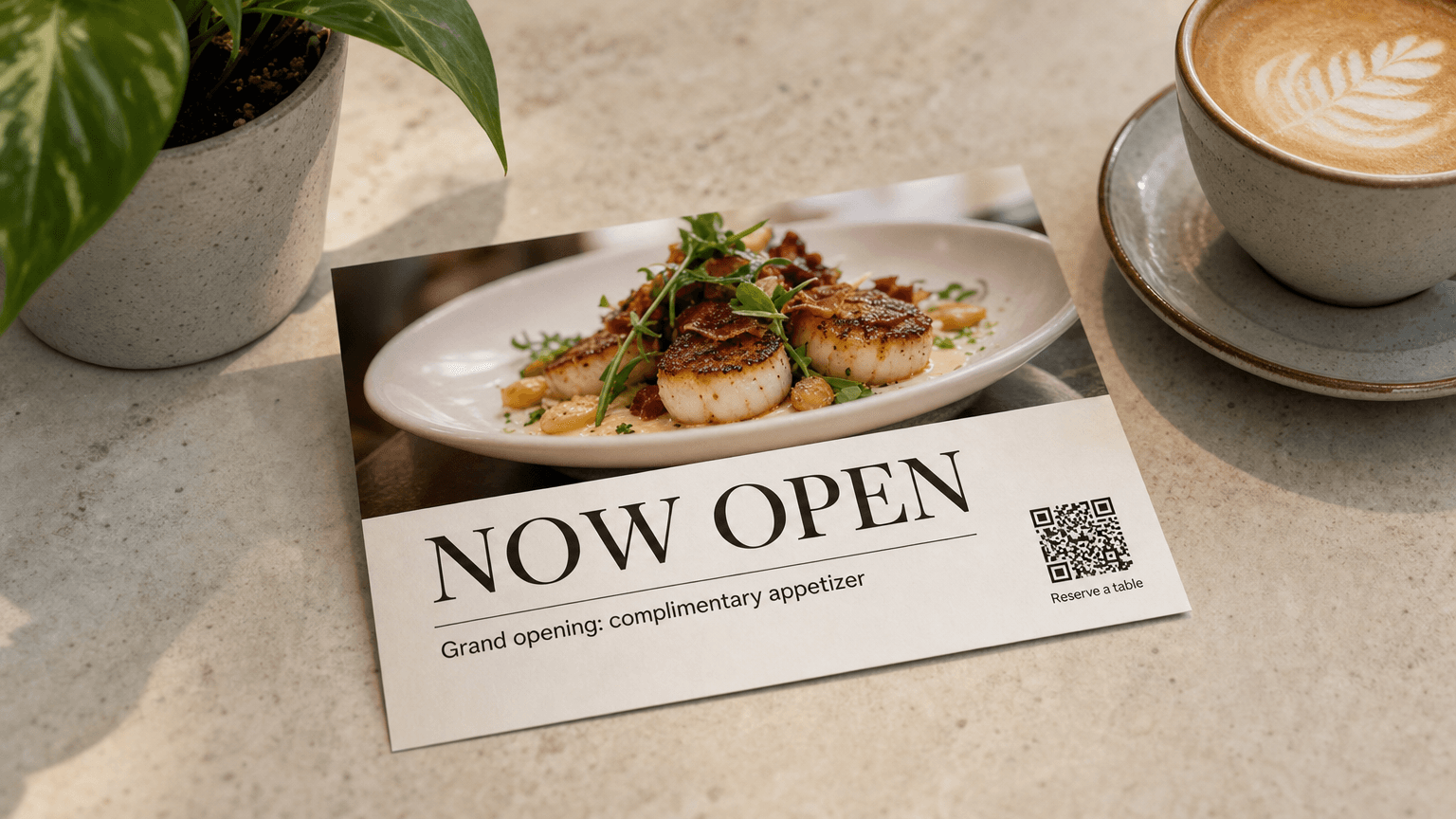 A restaurant grand opening postcard reading 'Now Open' on a cafe table.