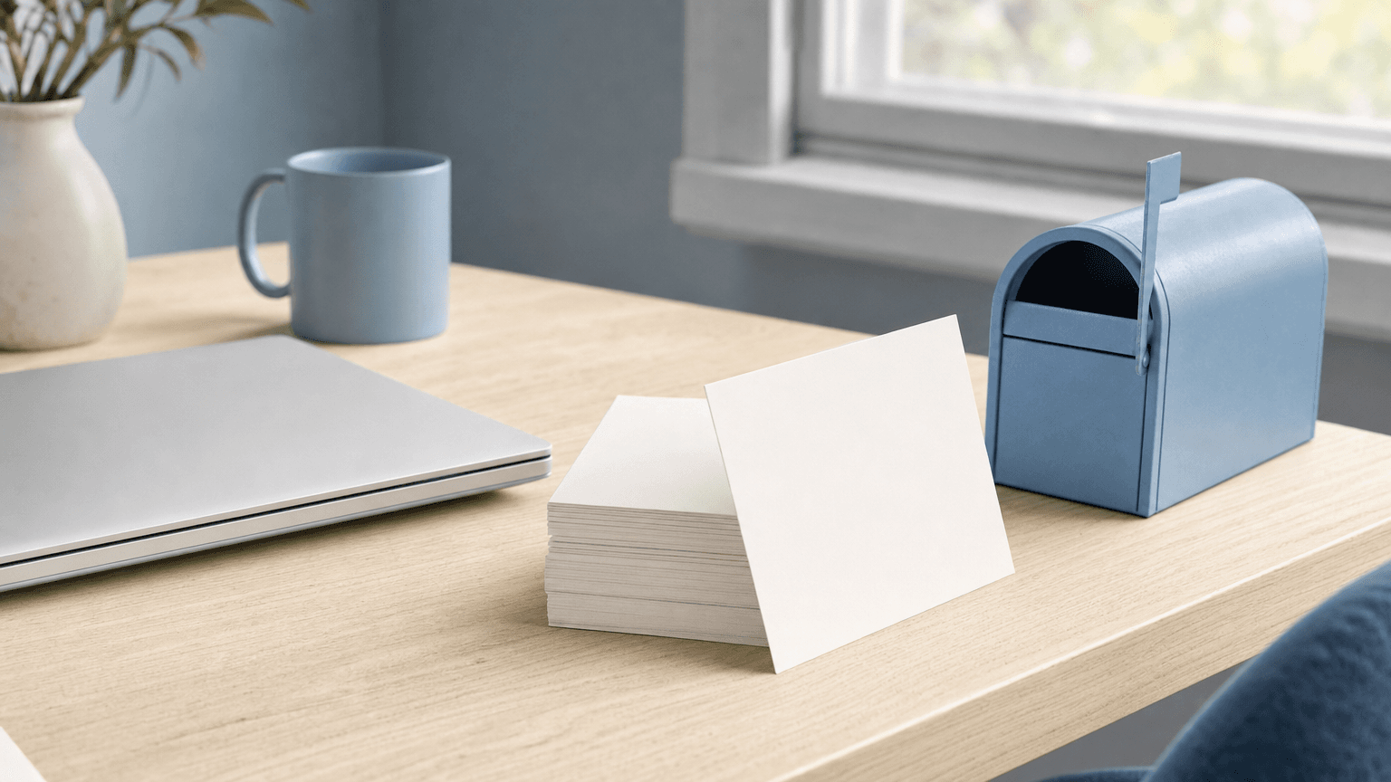 A laptop, blank postcards, and a small mailbox on a desk, representing CRM-triggered direct mail.